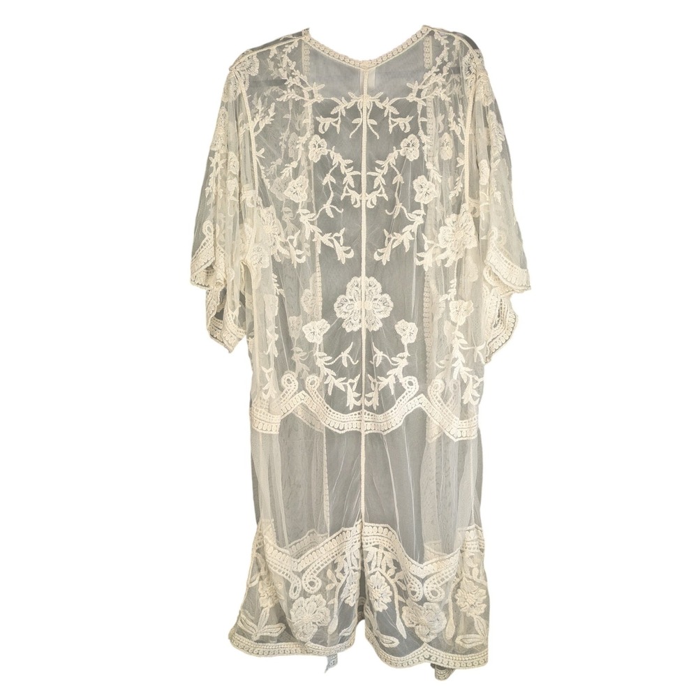 Ivory Floral Embroidered Mesh Kimono Duster Open Front Bohemian Boudoir Cardigan - Picture 5 of 5